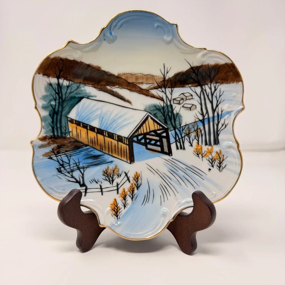 Vintage‎ Norcrest Fine China Hand Painted Covered Bridge Winter Plate 8